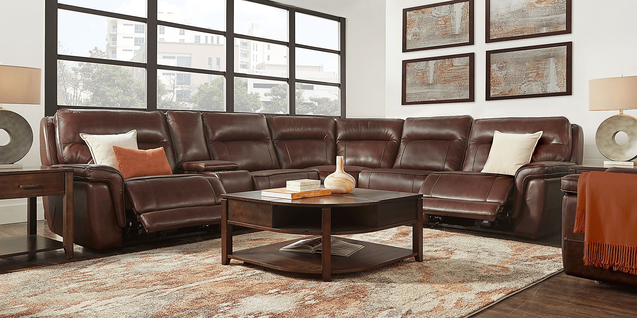 Renzo Brown Leather 6 Pc Dual Power Reclining Sectional Rooms To Go