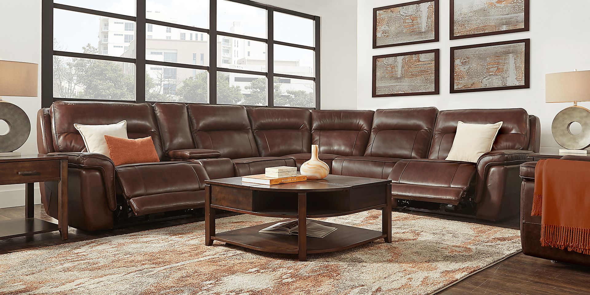 Renzo Brown Leather 6 Pc Dual Power Reclining Sectional - Image 2