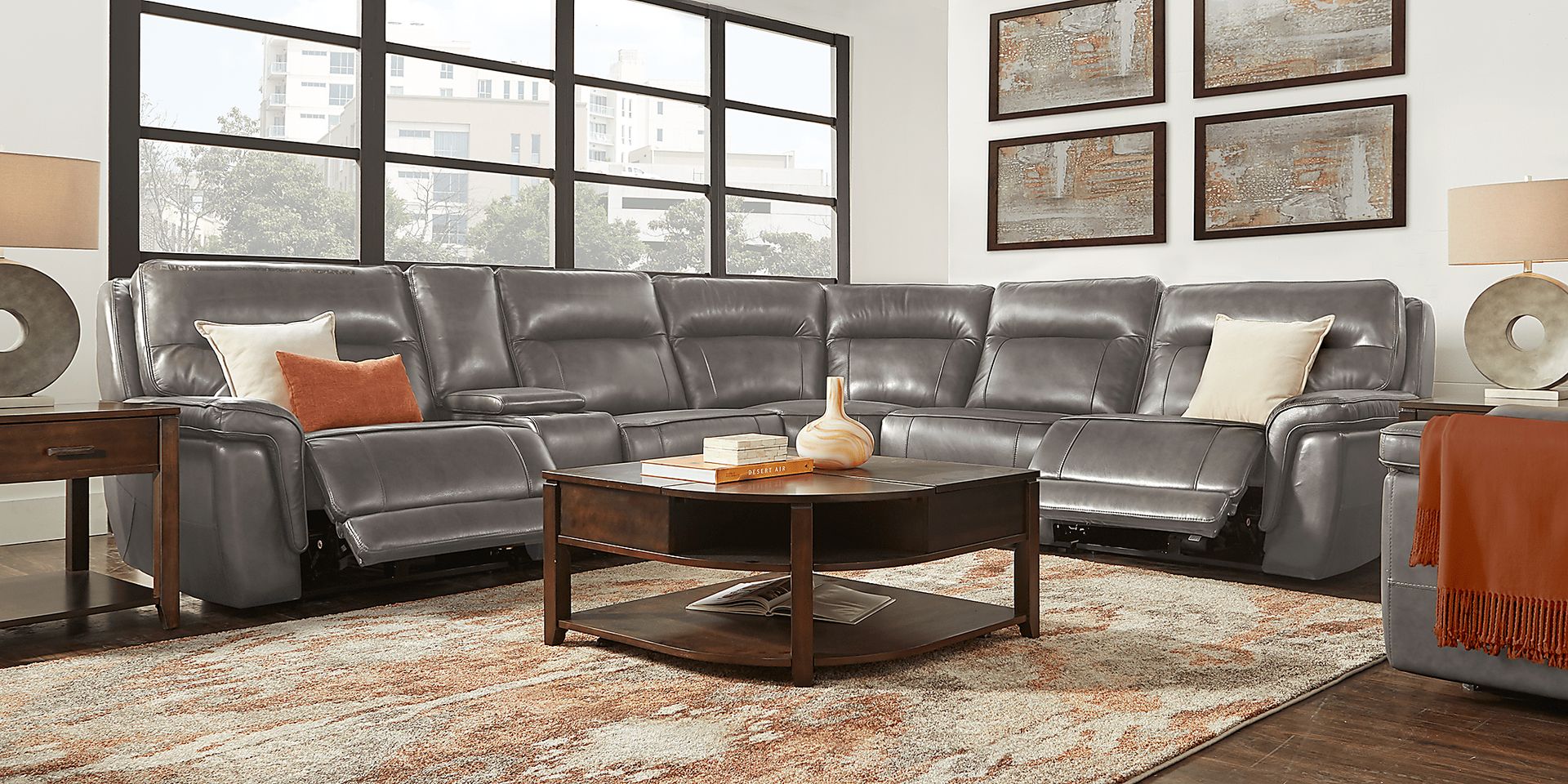 Renzo Gray Leather 6 Pc Dual Power Reclining Sectional - Image 2