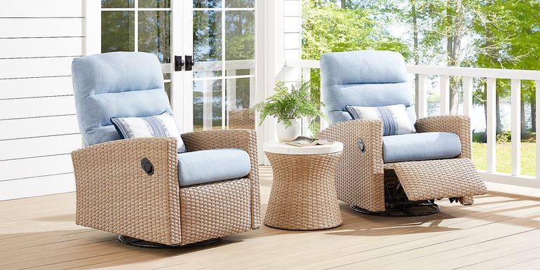 Ria Natural Outdoor Glider Recliner with Blue Cushions, Set of 2