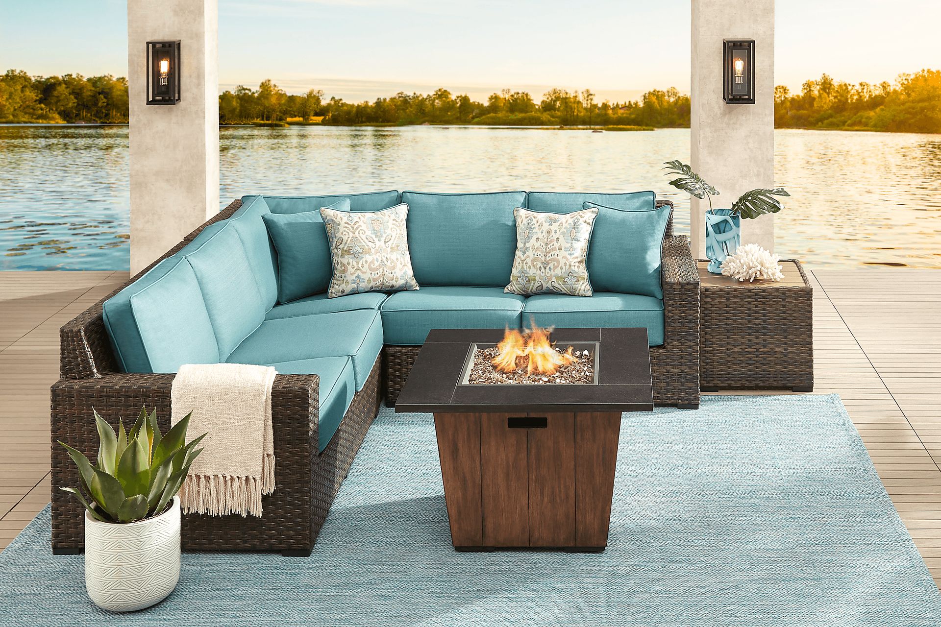 Rialto Brown 3 Pc Outdoor Sectional with Aqua Cushions - Image 2