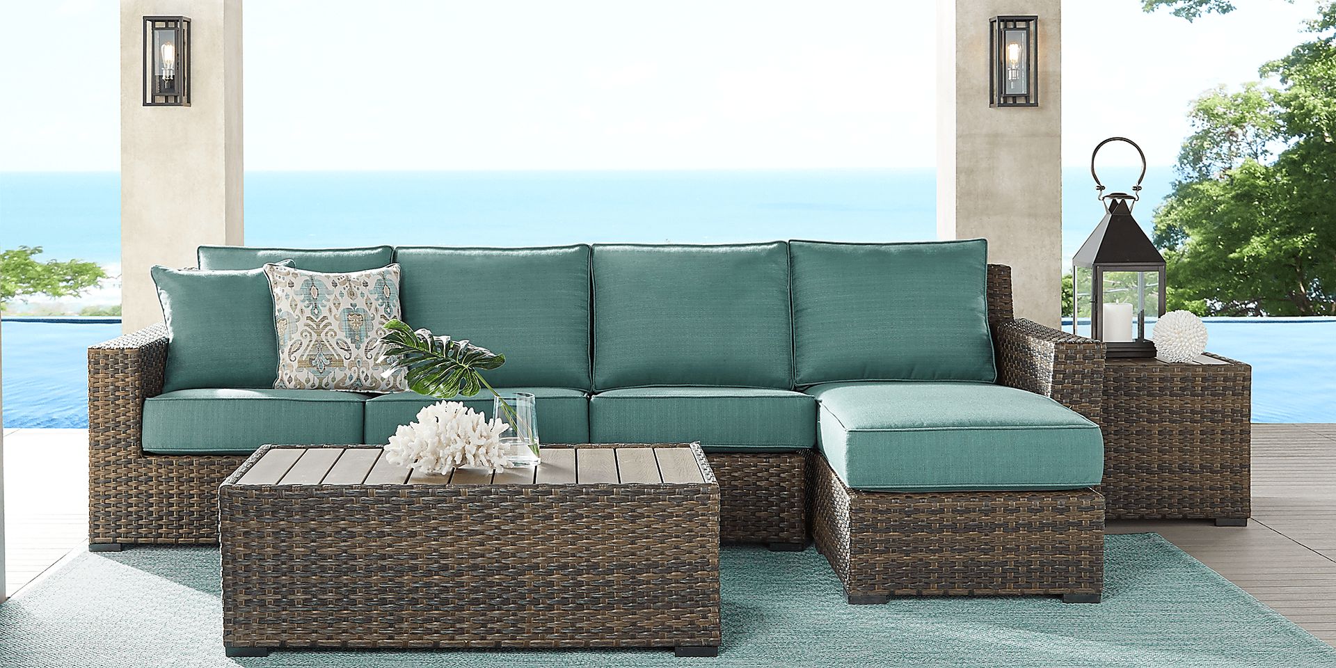 Rialto Brown 3 Pc Outdoor Sectional with Aqua Cushions - Image 2