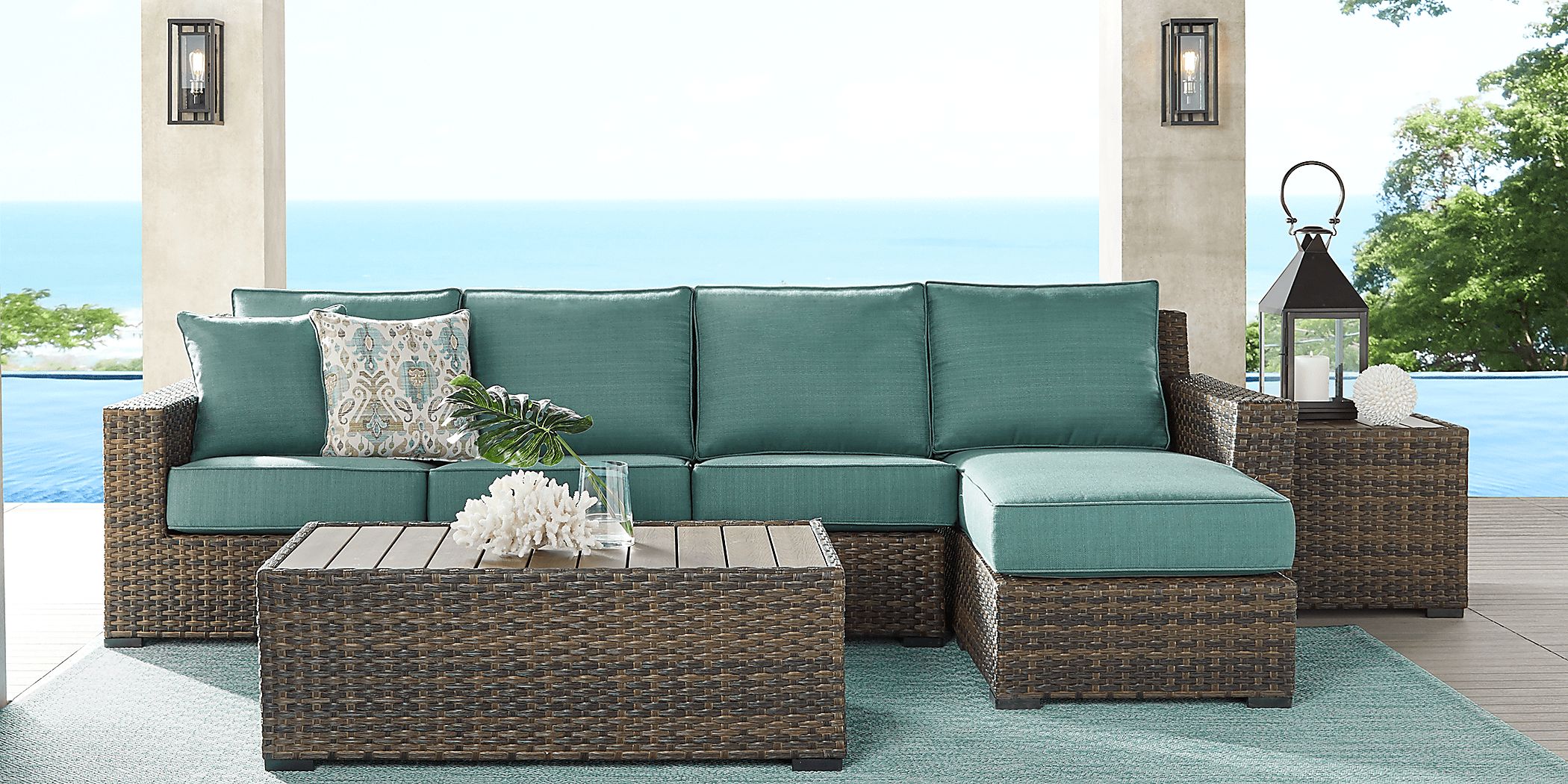 Rialto Brown 3 Pc Outdoor Sectional with Aqua Cushions Rooms To Go