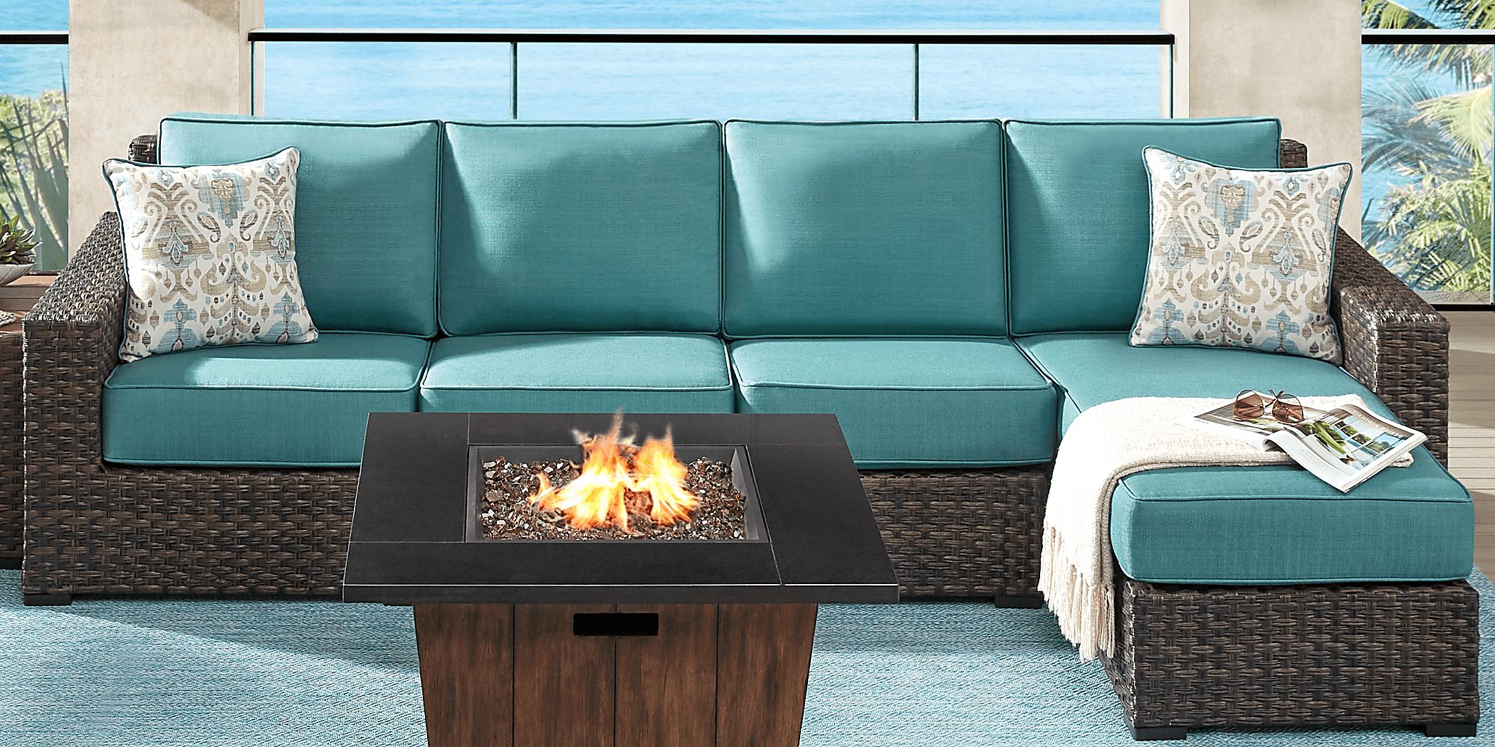 Rialto Brown 3 Pc Outdoor Sectional with Aqua Cushions Rooms To Go