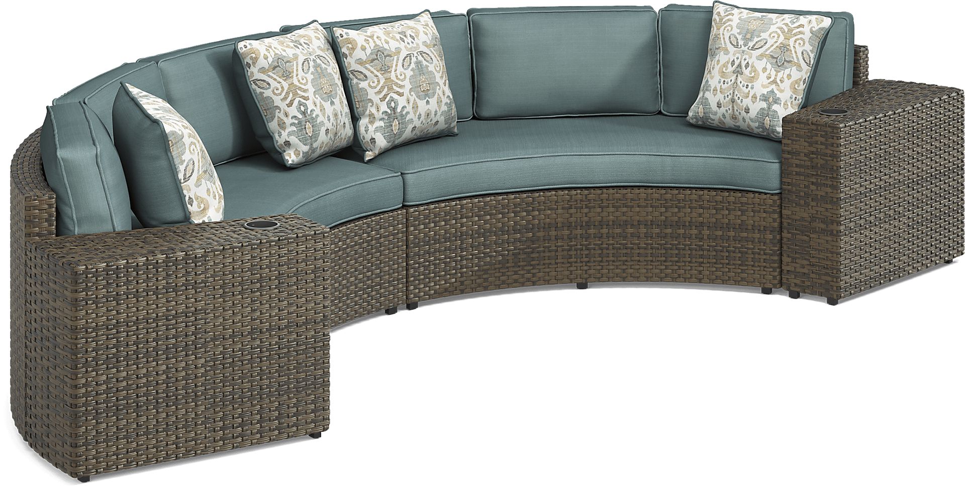 Rialto Brown 4 Pc Curved Outdoor Sectional with Aqua Cushions - Image 3