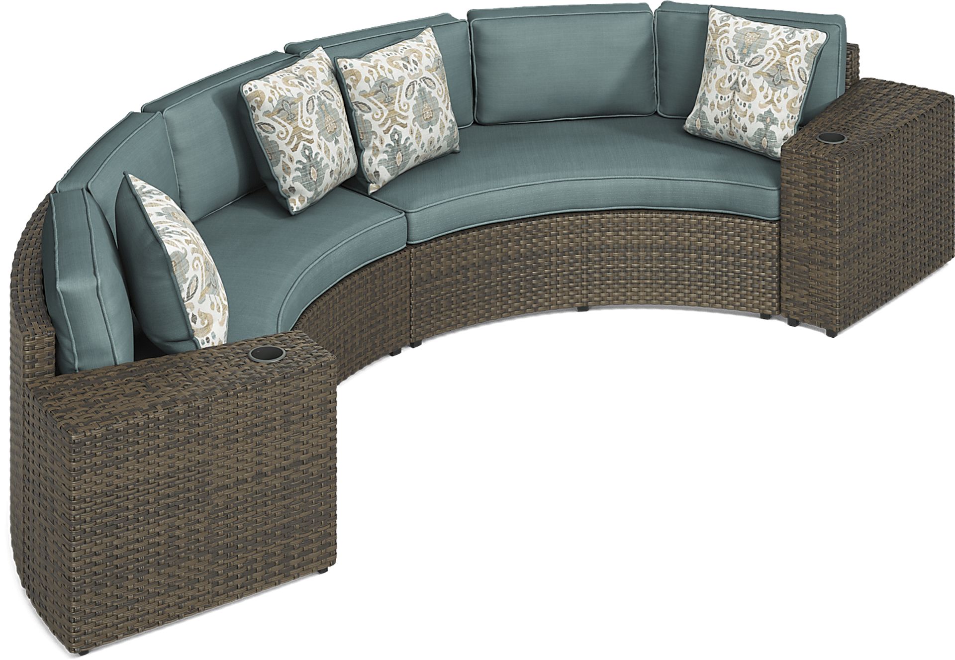 Rialto Brown 4 Pc Curved Outdoor Sectional with Aqua Cushions - Image 4