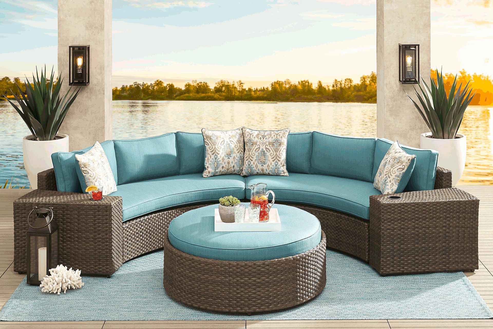 Rialto Brown 4 Pc Curved Outdoor Sectional with Aqua Cushions - Image 2