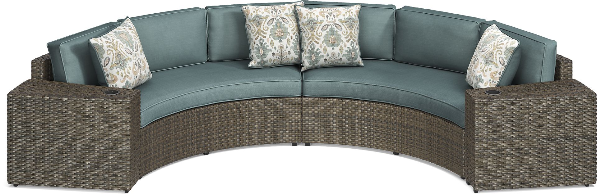 Rialto Brown 4 Pc Curved Outdoor Sectional with Aqua Cushions - Image 1