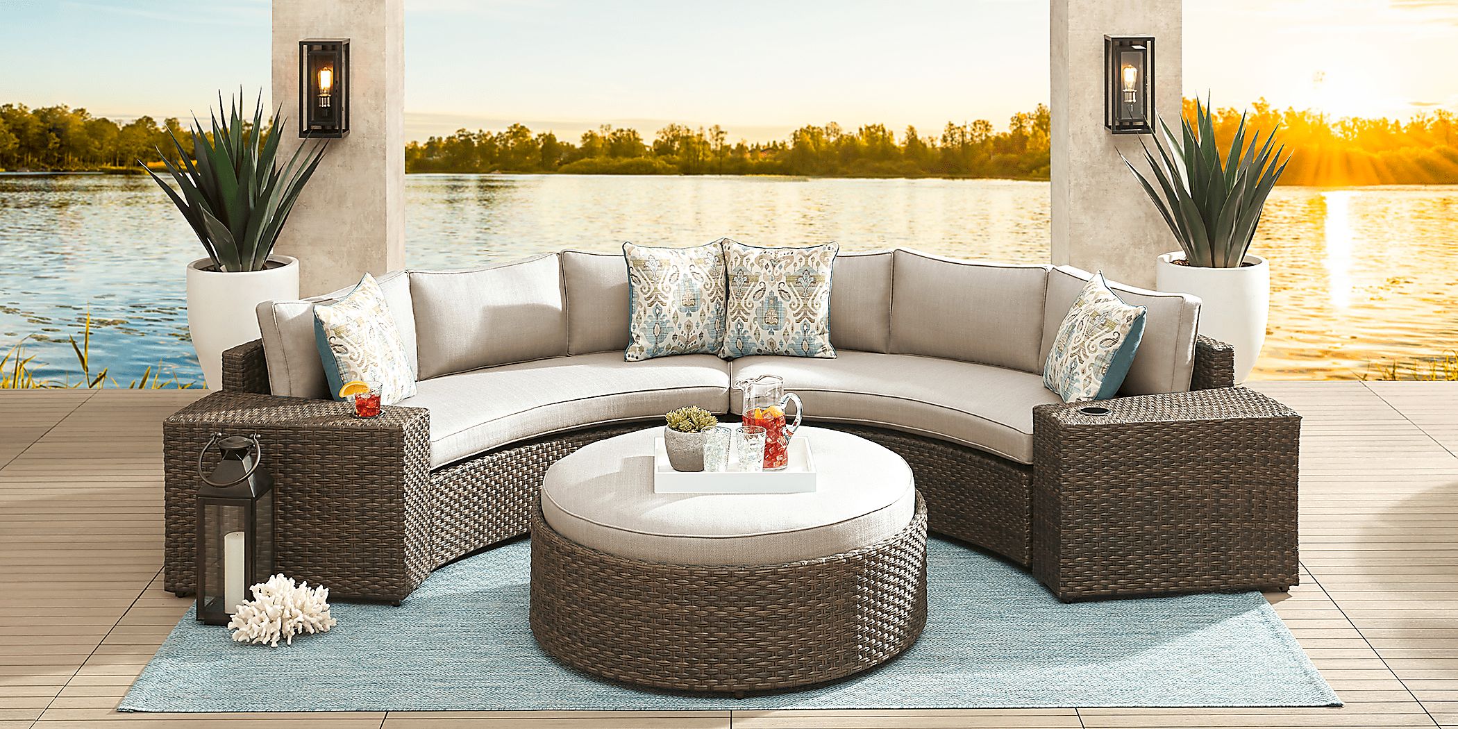 Rialto Brown 4 Pc Curved Outdoor Sectional with Putty Cushions Rooms