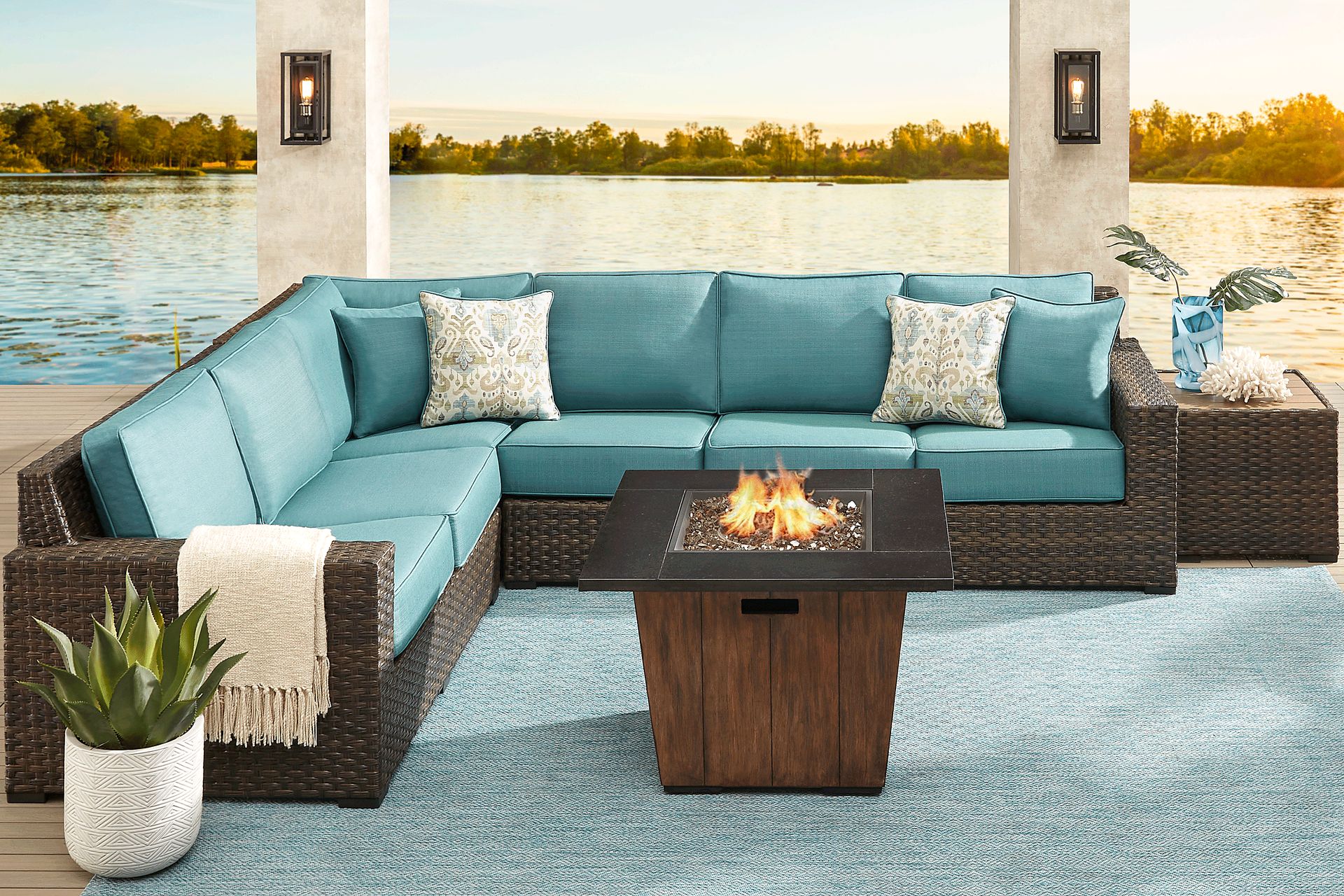 Rialto Brown 4 Pc Outdoor Sectional with Aqua Cushions - Image 2