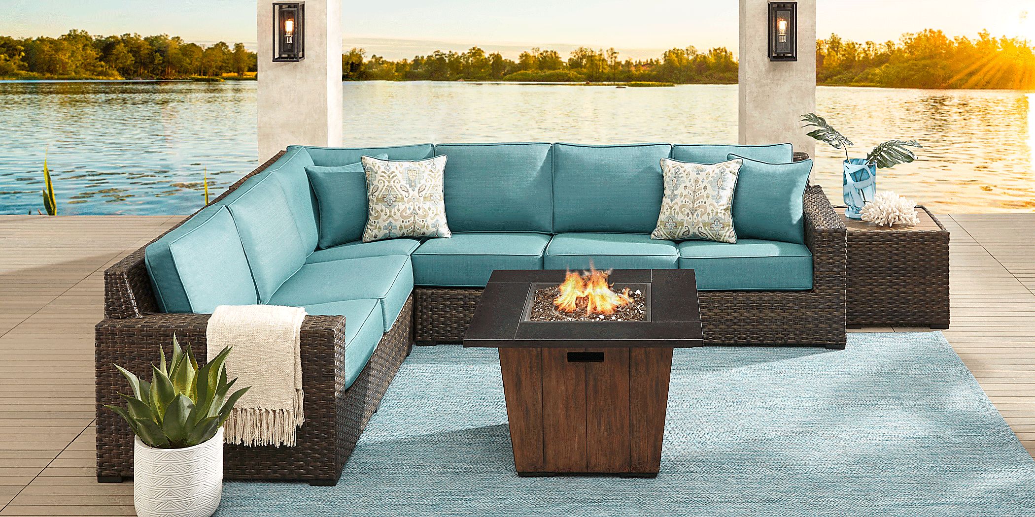 Rialto Brown 4 Pc Outdoor Sectional with Aqua Cushions Rooms To Go