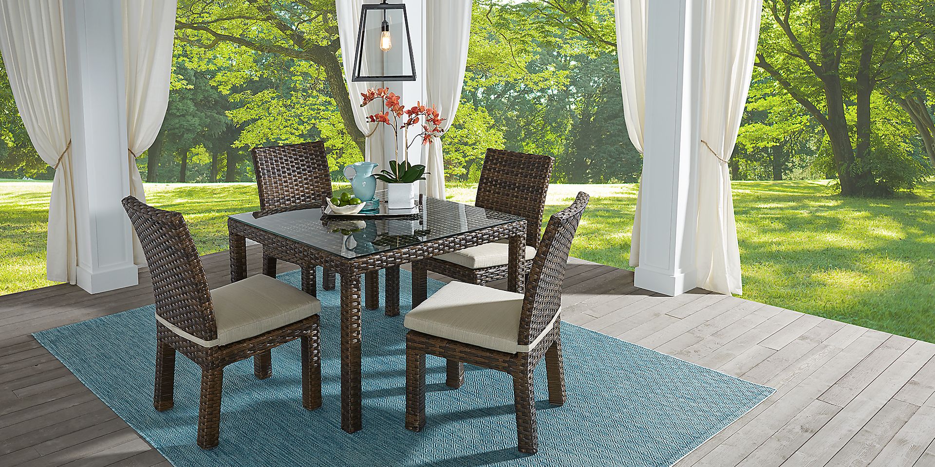 Rialto Brown 5 Pc 42 in. Square Outdoor Dining Set with Putty Cushions - Image 2