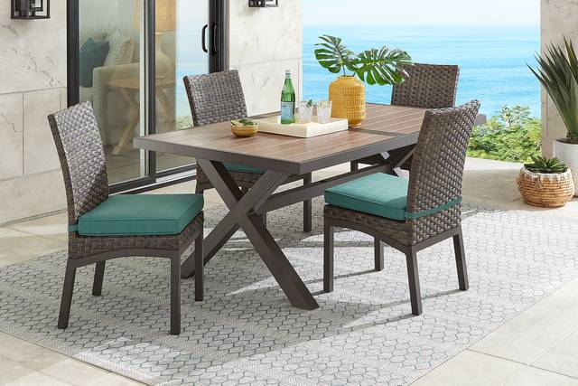 Rialto Brown 5 Pc 71 in. Rectangle Outdoor Dining Set with Aqua Cushions - Thumbnail - Image 1