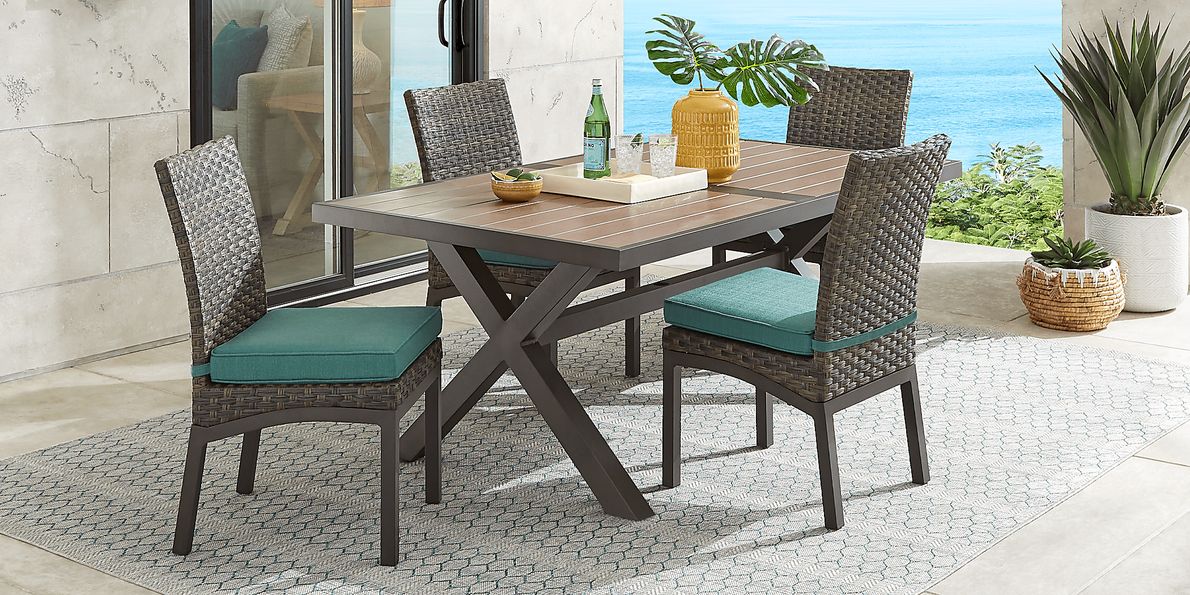 Rialto 5 Pc Brown Dark Wood Aqua Blue Wicker Outdoor Dining Set