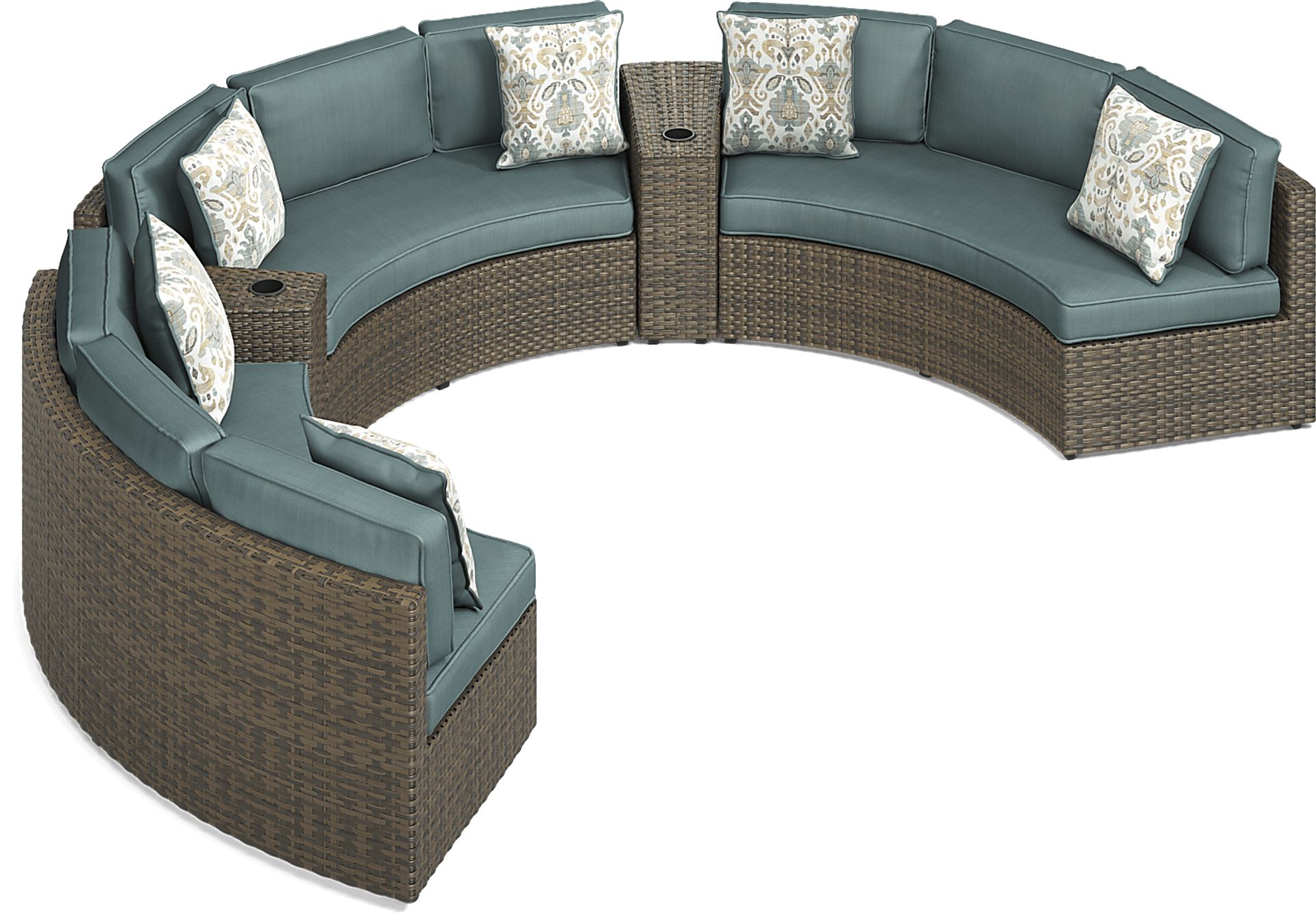 Rialto Brown 5 Pc Curved Outdoor Sectional with Aqua Cushions - Image 3