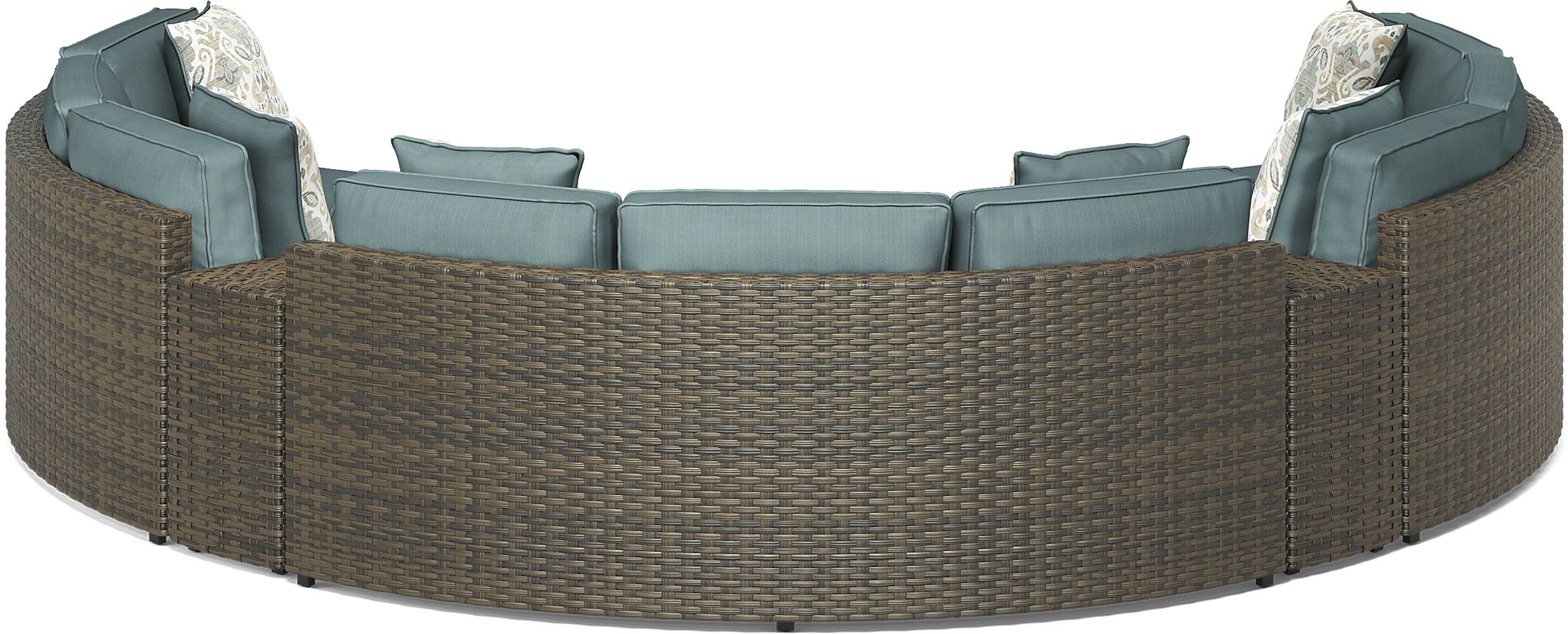 Rialto Brown 5 Pc Curved Outdoor Sectional with Aqua Cushions - Image 4