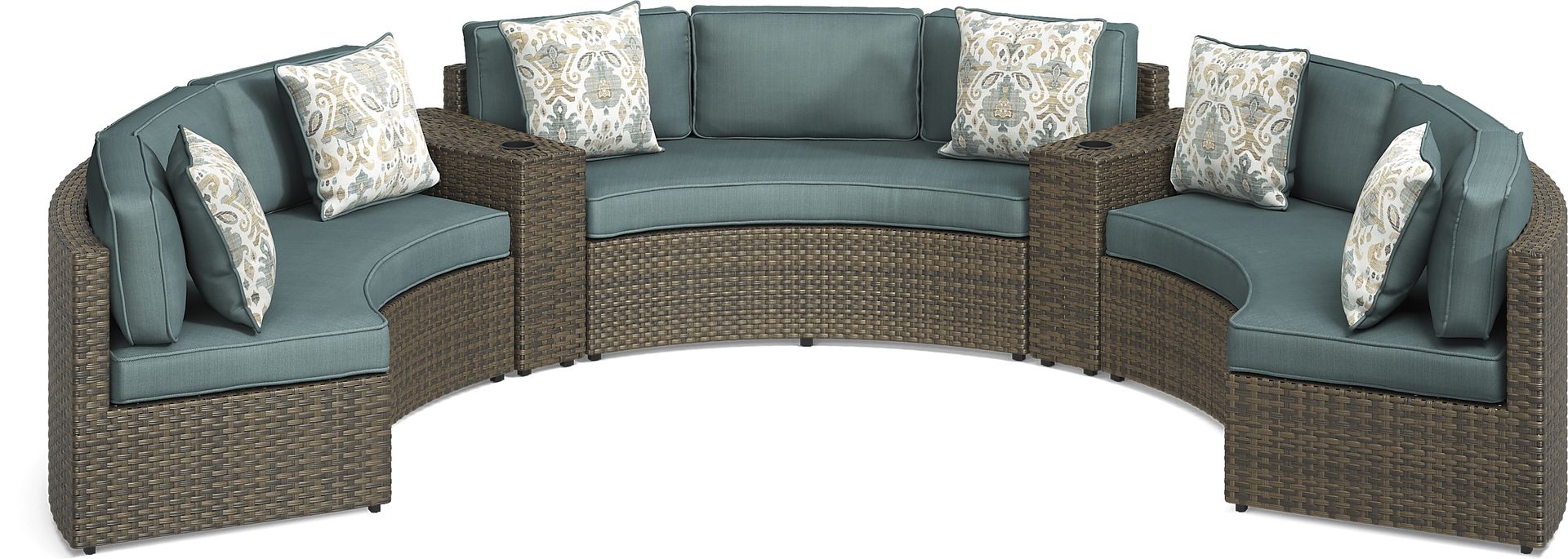 Rialto Brown 5 Pc Curved Outdoor Sectional with Aqua Cushions - Image 1