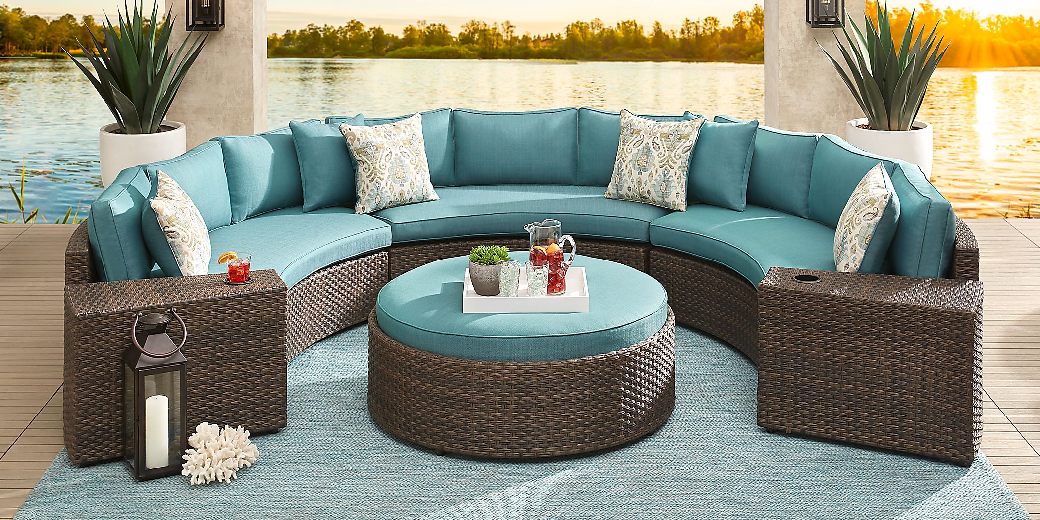 Rialto Brown 5 Pc Curved Outdoor Sectional with Aqua Cushions Rooms To Go