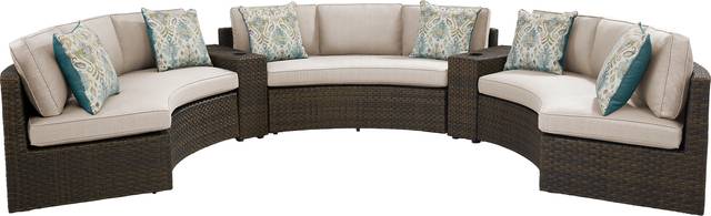 Rialto Brown 5 Pc Curved Outdoor Sectional with Putty Cushions - Thumbnail - Image 1