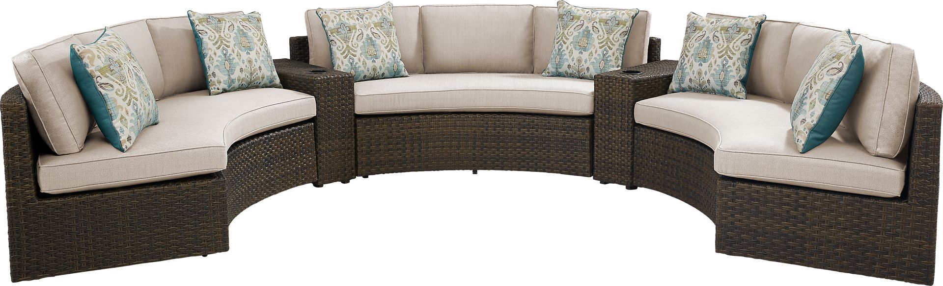 Rialto Brown 5 Pc Curved Outdoor Sectional with Putty Cushions - Image 1