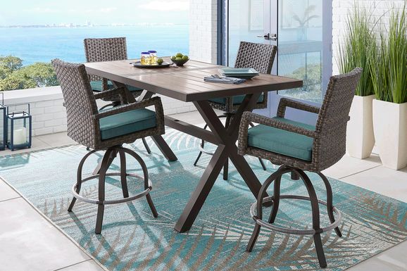 Rialto Brown 5 Pc Rectangle Outdoor Bar Height Dining Set with Aqua Cushions