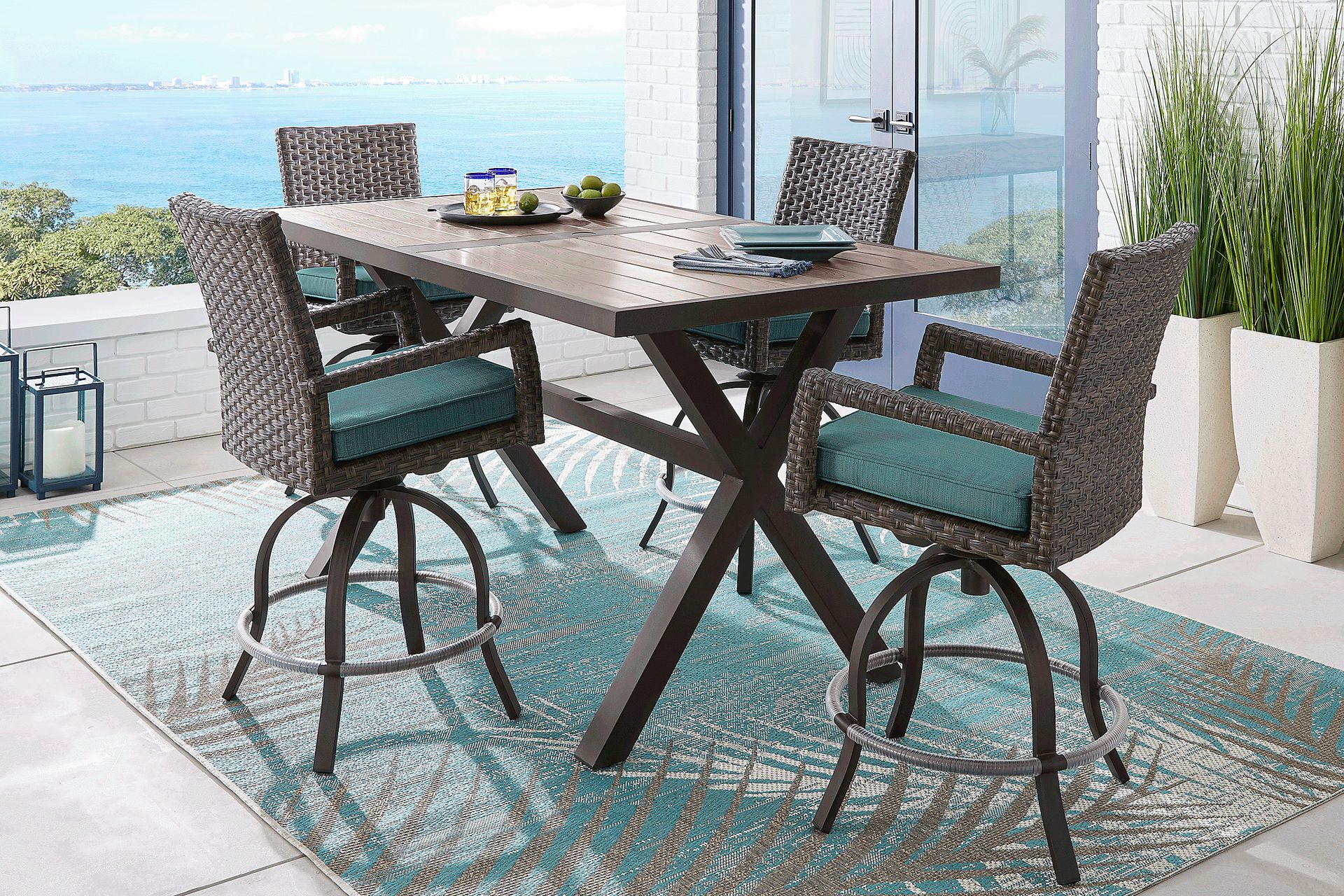 Rialto Brown 5 Pc Rectangle Outdoor Bar Height Dining Set with Aqua Cushions - Image 1