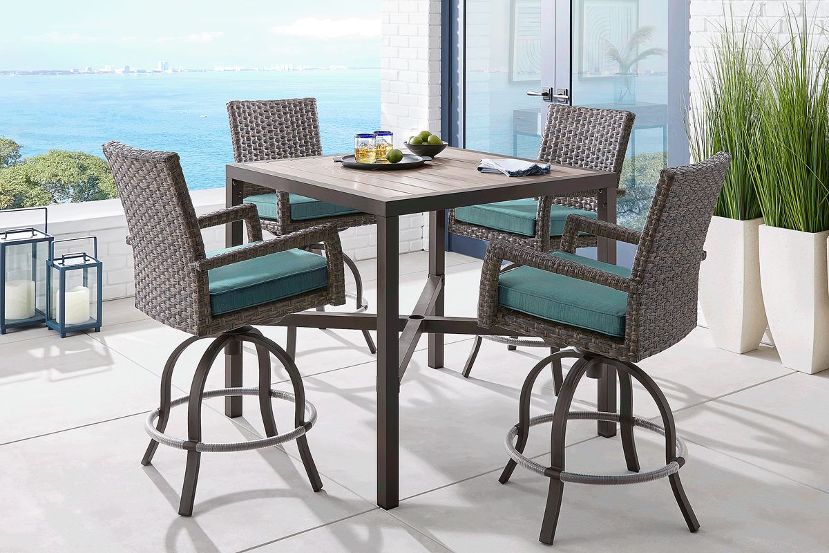 Rialto 5 Pc Brown Dark Wood Aqua Blue Aluminum Outdoor Dining Set With ...