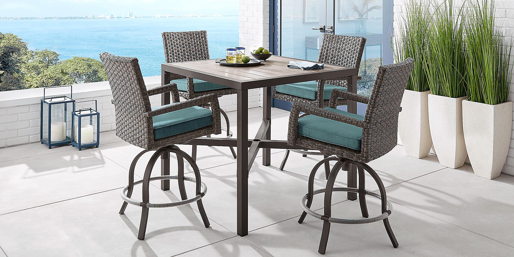 Rialto 5 Pc Brown Dark Wood Aqua Blue Aluminum Outdoor Dining Set With Outdoor Bar Height Table