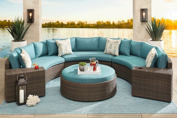 Rialto Brown 6 Pc Curved Outdoor Sectional with Aqua Cushions