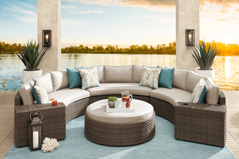 Rialto Brown 6 Pc Curved Outdoor Sectional with Putty Cushions