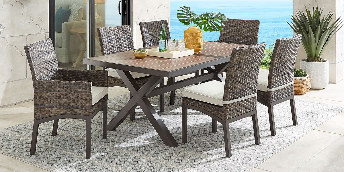 Rialto Brown 7 Pc 71 in. Rectangle Outdoor Dining Set with Putty Cushions Rooms To Go