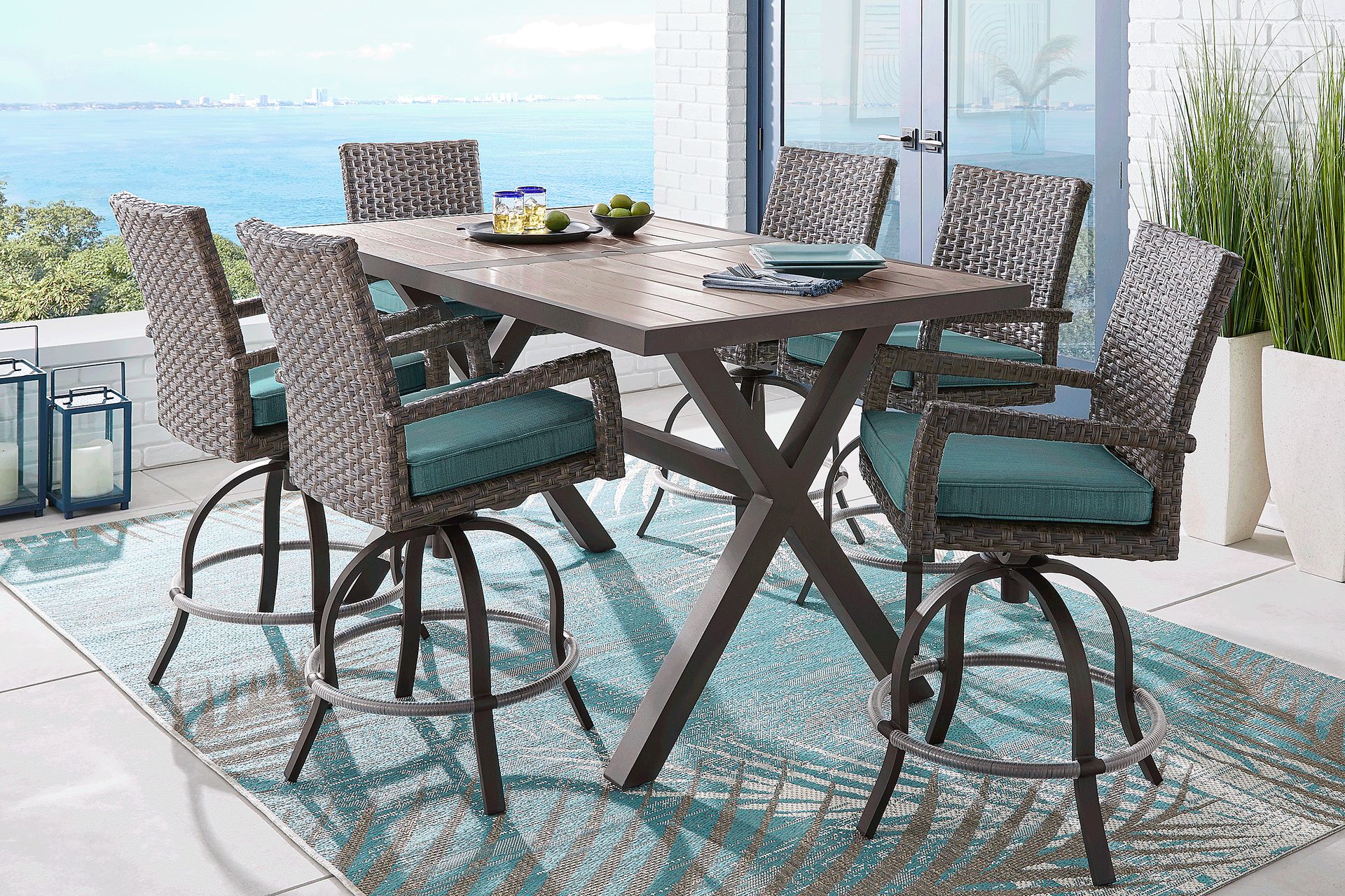 Rialto Brown 7 Pc Rectangle Outdoor Bar Height Dining Set with Aqua Cushions - Image 1