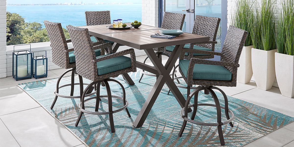 Rialto 7 Pc Brown Dark Wood Aqua Blue Aluminum Outdoor Dining Set Rooms To Go