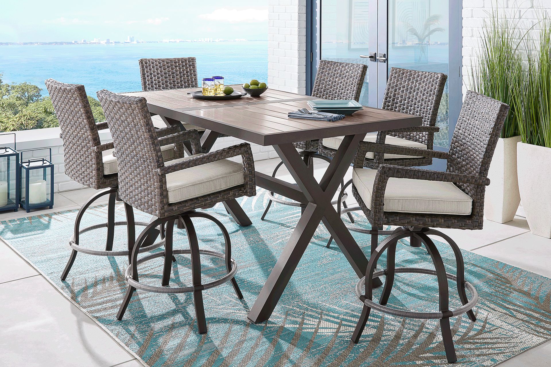 Rialto Brown 7 Pc Rectangle Outdoor Bar Height Dining Set with Putty Cushions - Image 1