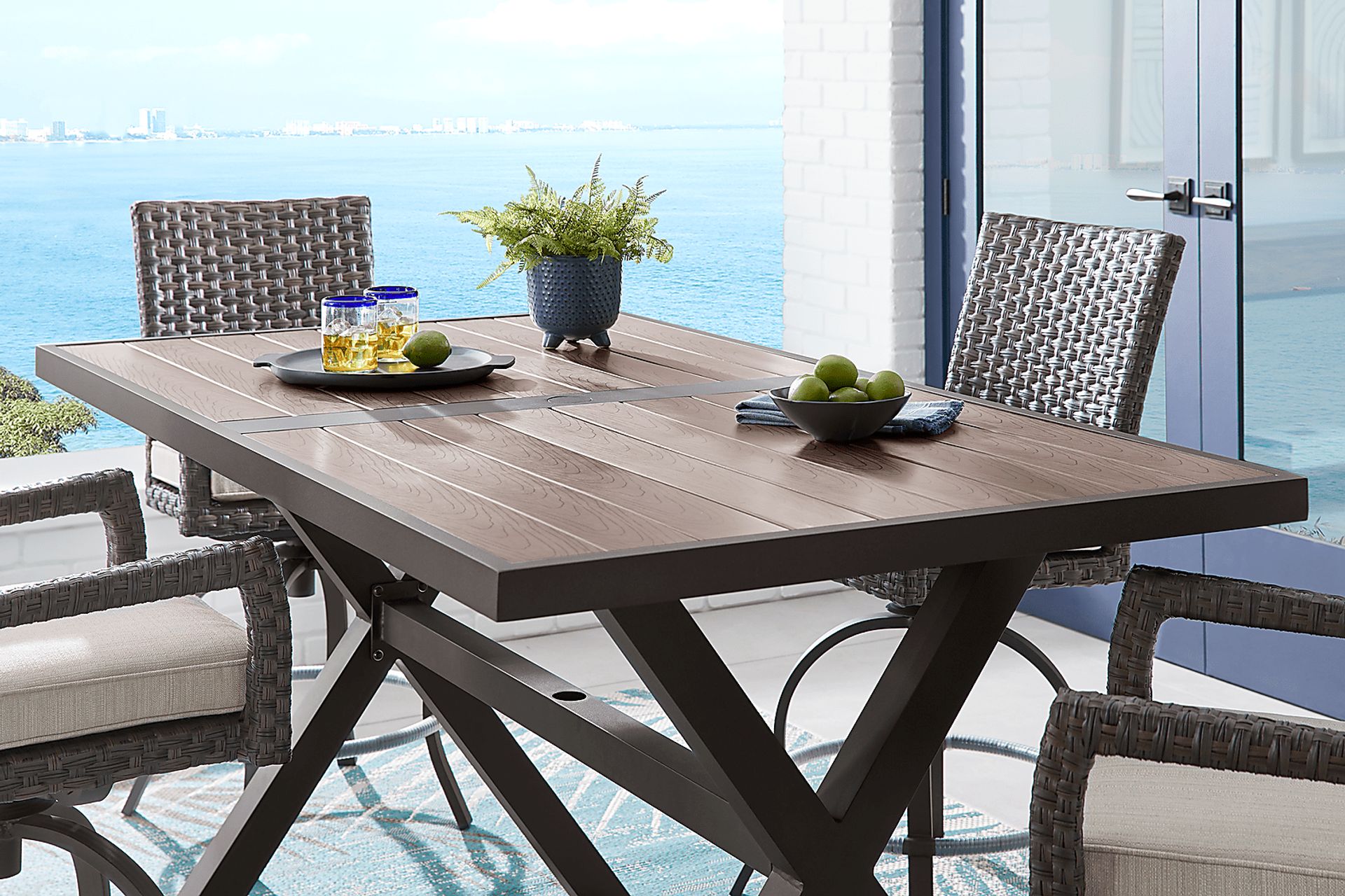 Rialto Brown 5 Pc Rectangle Outdoor Bar Height Dining Set with Putty Cushions - Image 5