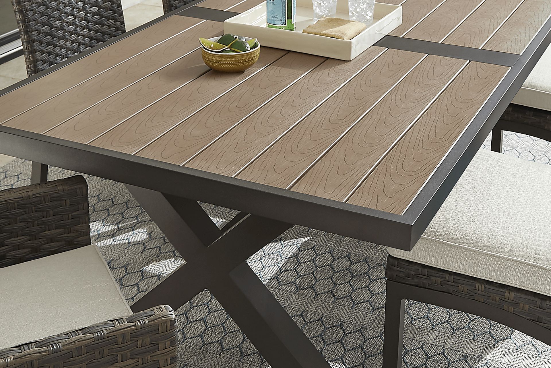 Rialto Brown 7 Pc 71 in. Rectangle Outdoor Dining Set with Putty Cushions - Image 4