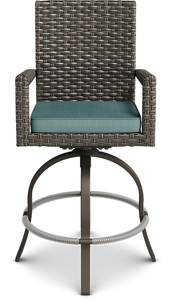 Rialto Brown Outdoor Swivel Barstool with Aqua Cushion