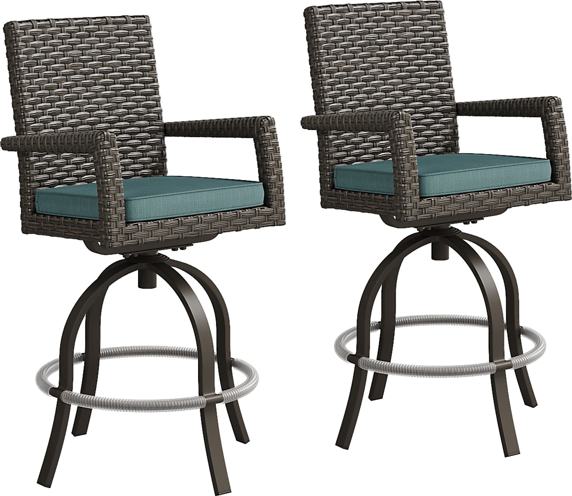 Rialto Brown Outdoor Swivel Barstool with Aqua Cushion, Set of Two - Image 1