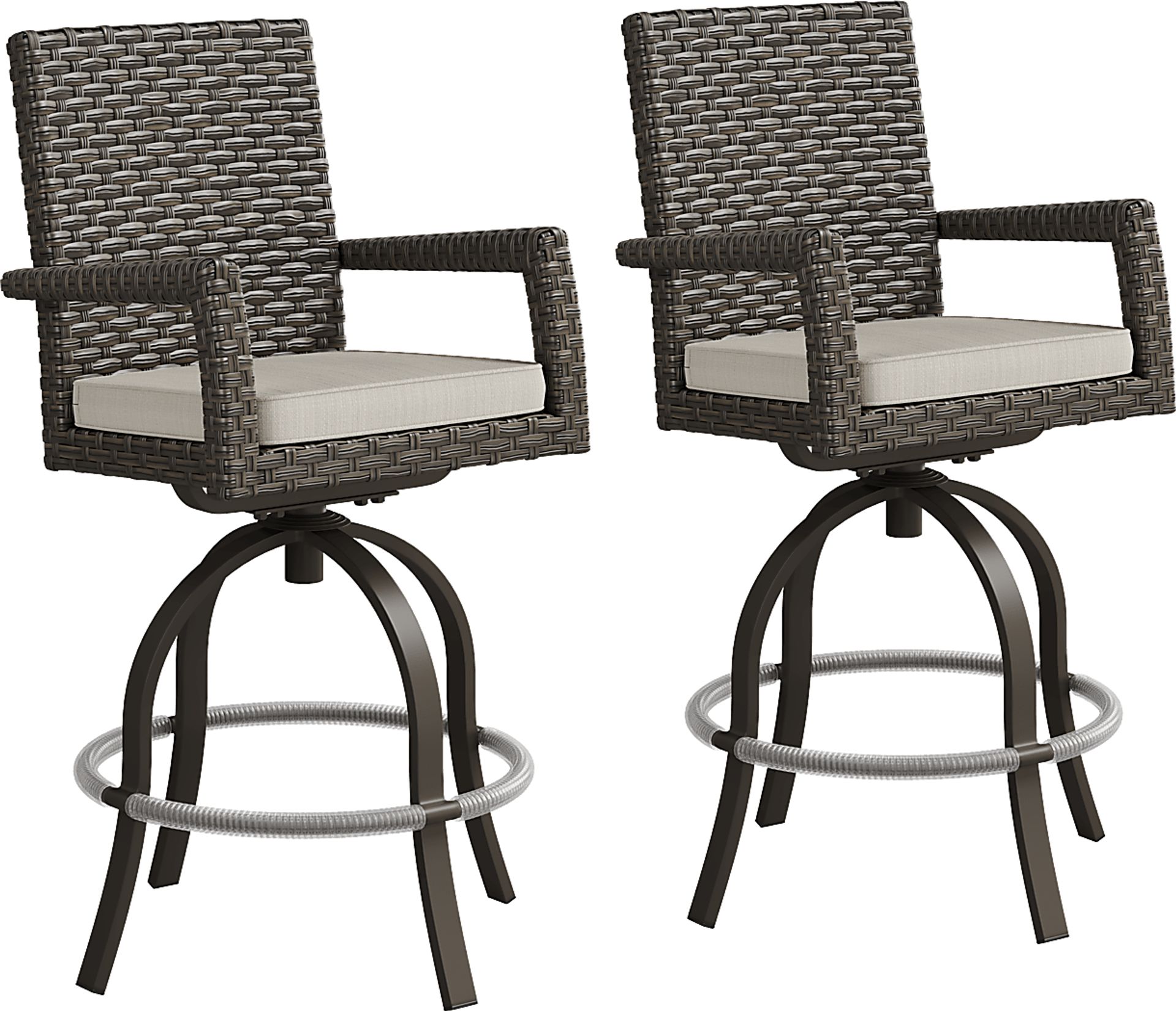 Rialto Brown Outdoor Swivel Barstool with Putty Cushion, Set of Two - Image 1