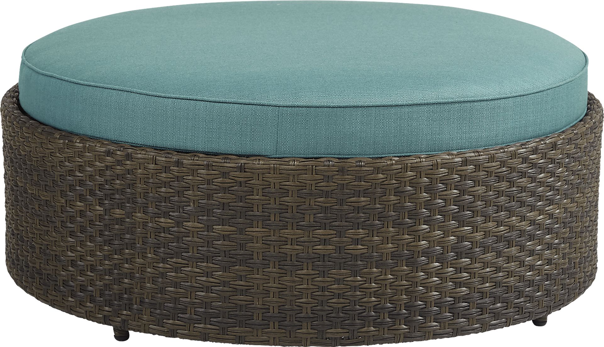 Rialto Brown Round Outdoor Ottoman with Aqua Cushions - Image 1