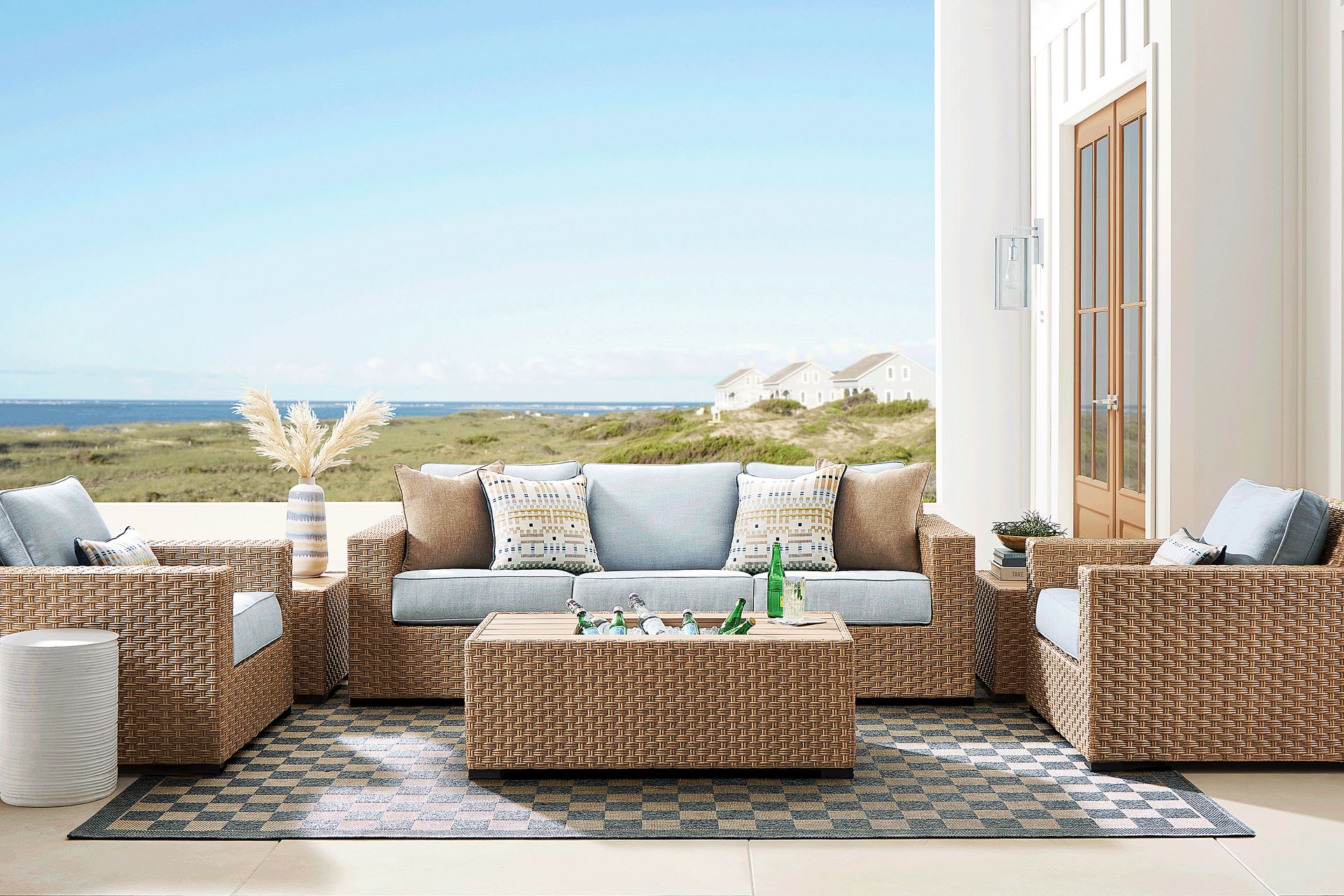Rialto II Natural 4 Pc Outdoor Seating Set with Sky Cushions - Image 1