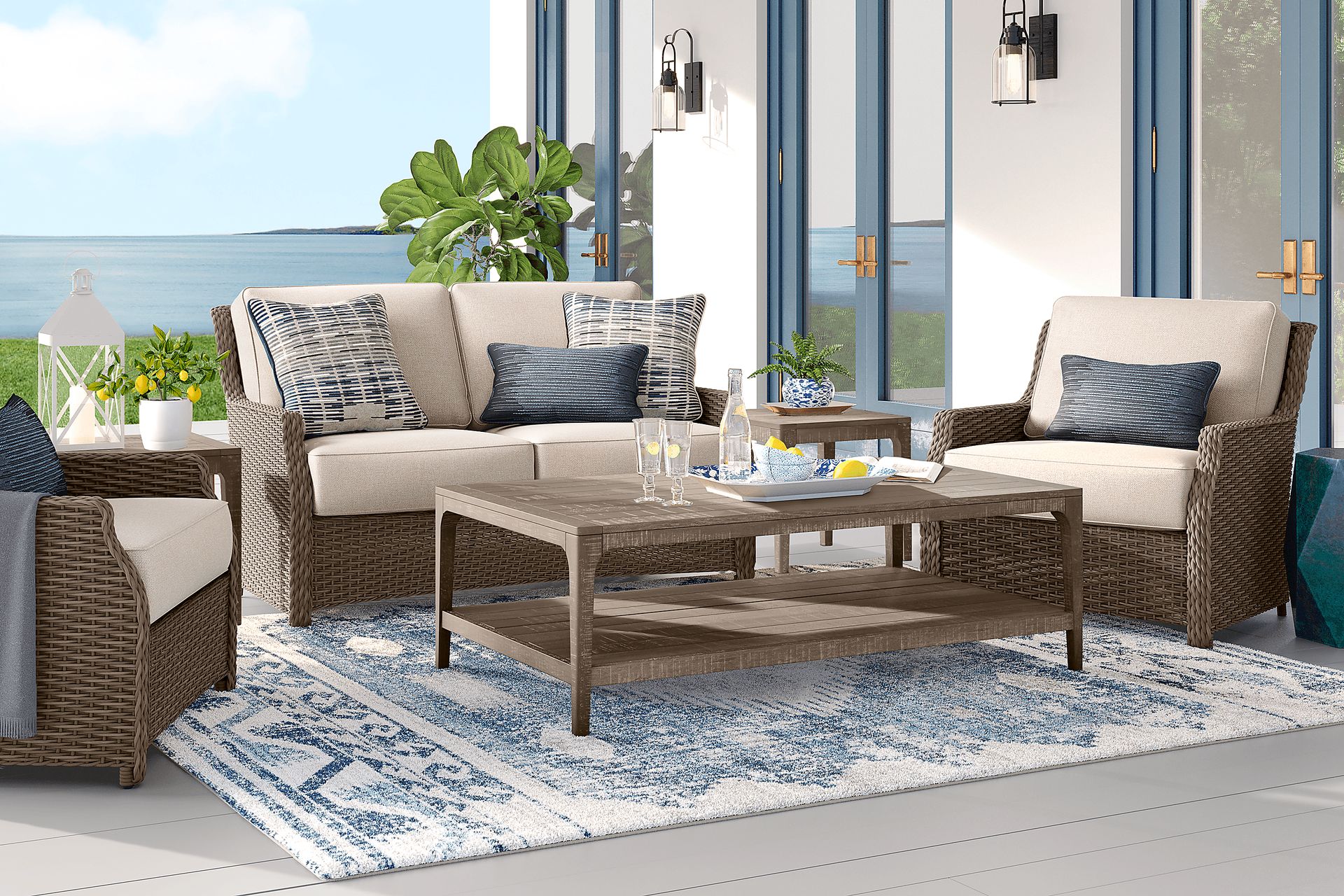 Ridgecrest Gray 4 pc Outdoor Loveseat Seating Set With Parchment Cushions - Image 1