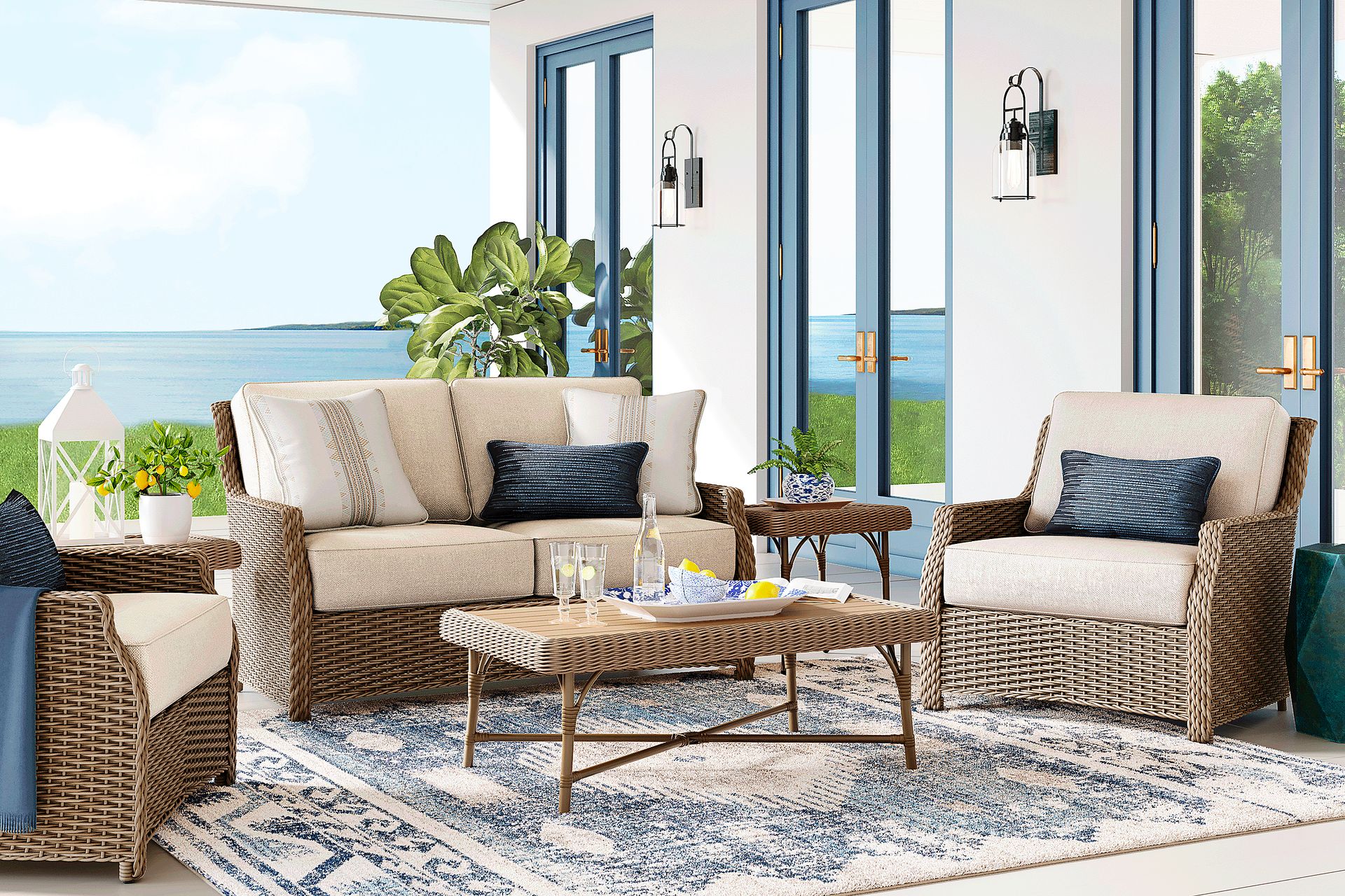 Ridgecrest Brown 4 Pc Outdoor Loveseat Seating Set with Pebble Cushions - Image 1