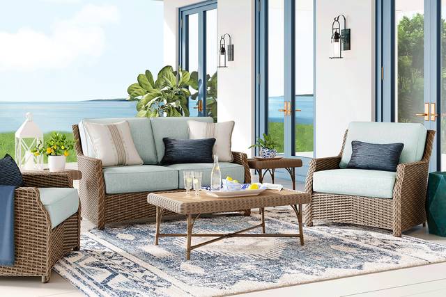 Ridgecrest Brown 4 Pc Outdoor Loveseat Seating Set with Seafoam Cushions - Thumbnail - Image 1