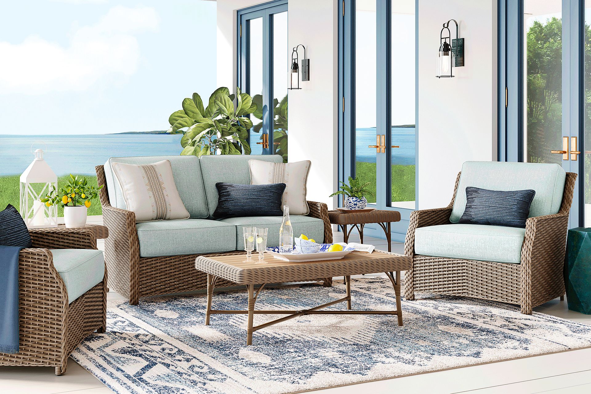 Ridgecrest Brown 4 Pc Outdoor Loveseat Seating Set with Seafoam Cushions - Image 1