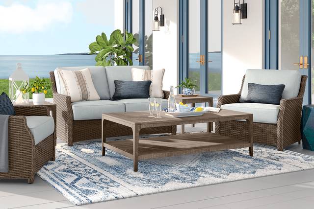 Ridgecrest Gray 4 pc Outdoor Loveseat Seating Set With Seafoam Cushions - Thumbnail - Image 1