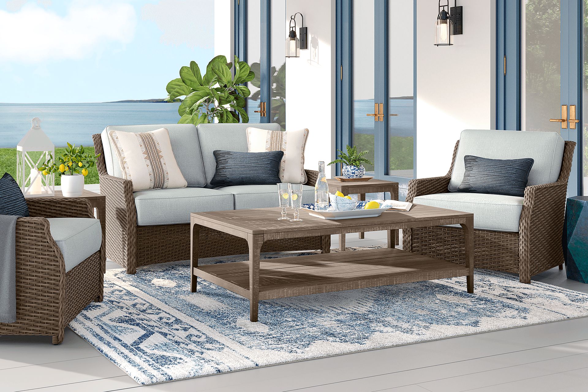 Ridgecrest Gray 4 pc Outdoor Loveseat Seating Set With Seafoam Cushions - Image 1