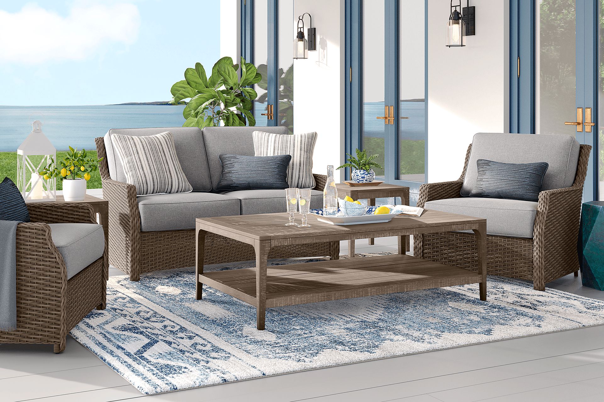 Ridgecrest Gray 4 pc Outdoor Loveseat Seating Set With Slate Cushions - Image 1