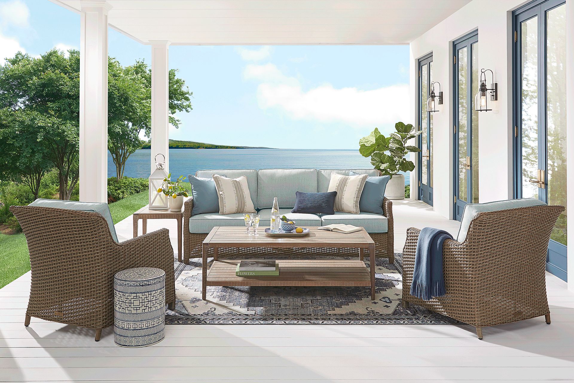 Ridgecrest Gray 4 pc Outdoor Sofa Seating Set With Seafoam Cushions - Image 1