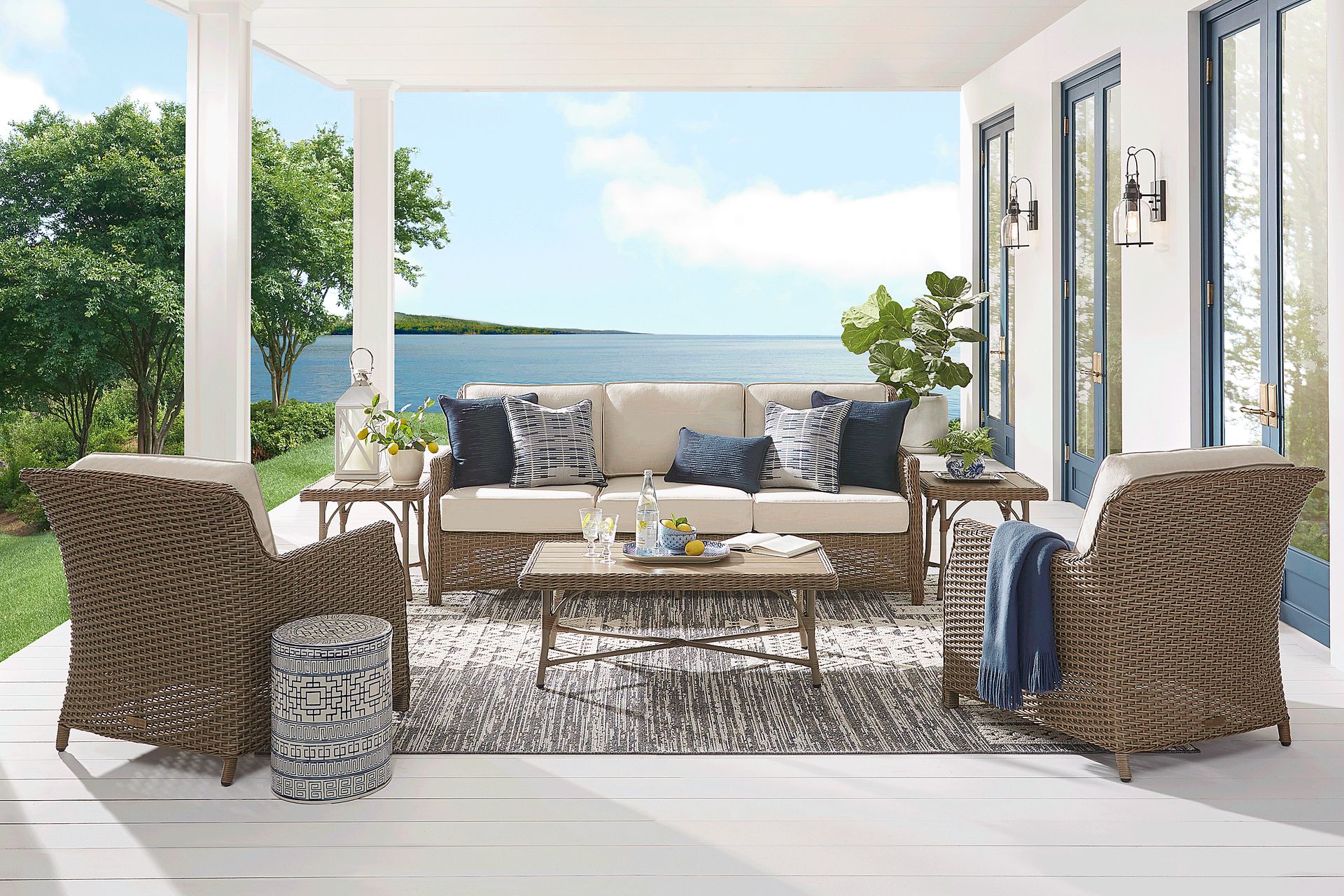 Ridgecrest Brown 4 Pc Outdoor Sofa Seating Set with Parchment Cushions - Image 1